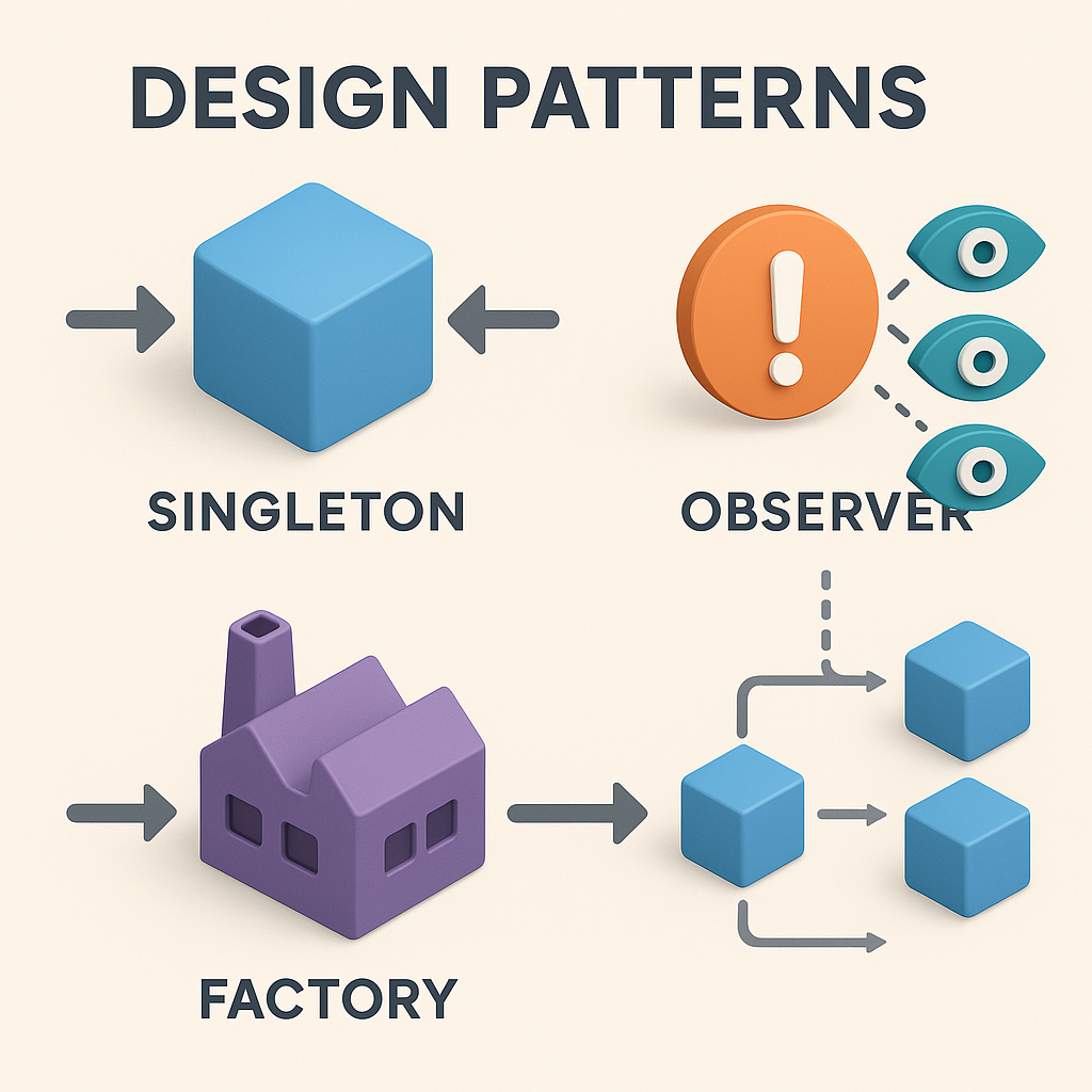Design Patterns (Singleton, Factory, Observer)